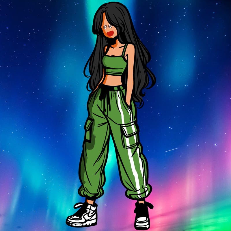 girl in baggy pants crop top and long hair