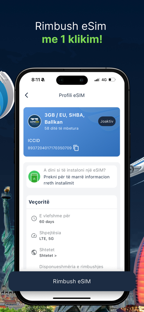 Interfaccia del profilo eSIM dell'app SuperSim che mostra i dettagli del profilo eSIM per viaggi internazionali e opzioni dati 5G
