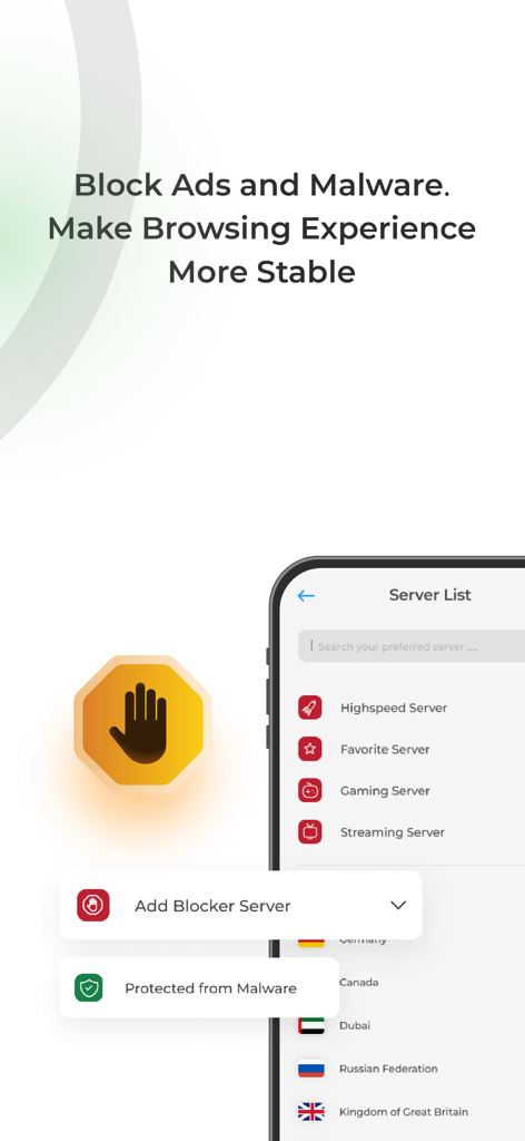 Symlex VPN app screen highlighting ad blocking and malware protection features with a global server list