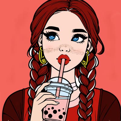 realistic girl with braided hair drinking boba