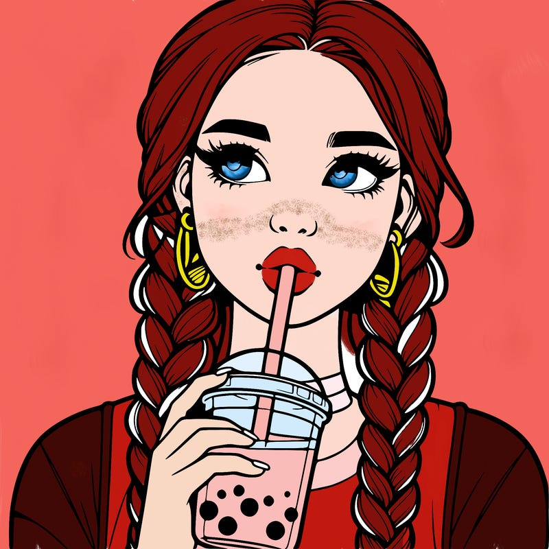 realistic girl with braided hair drinking boba