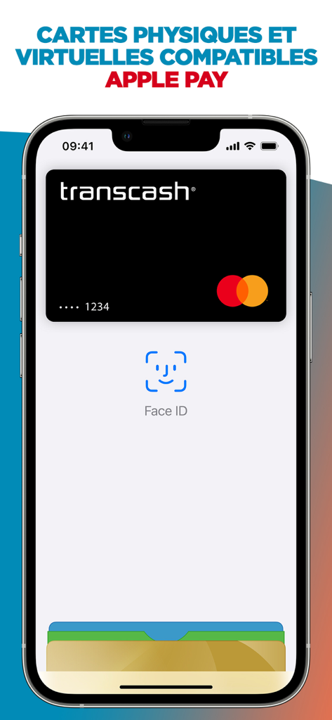 Transcash Mastercard en un smartphone mostrando compatibilidad con Apple Pay y Face ID