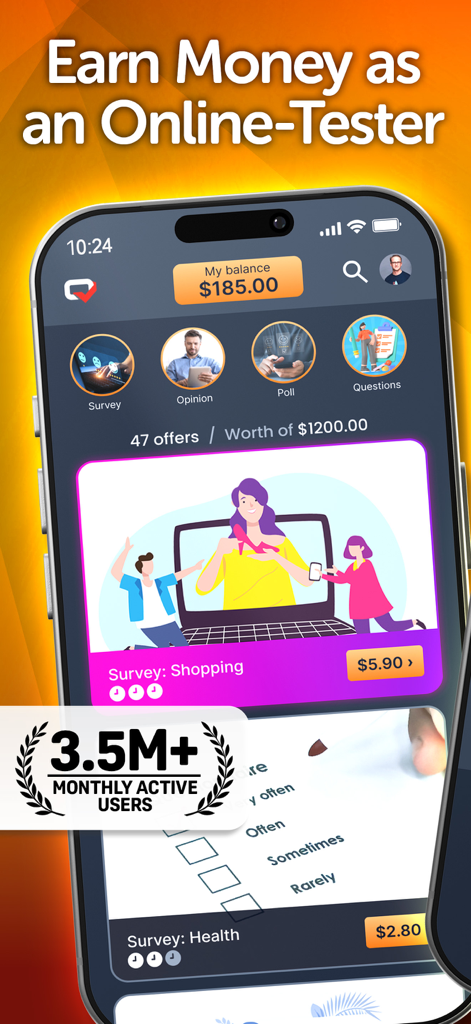 Mobile application interface for Testerup featuring tasks to earn money as an online tester