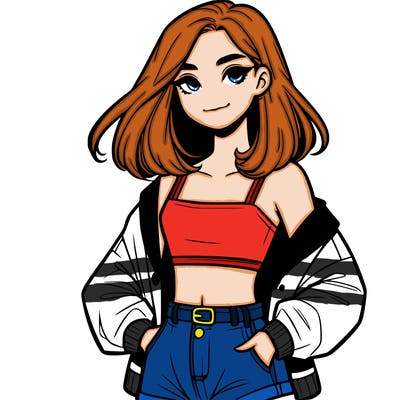 a realistic girl with a crop top and short shorts in an open jacket