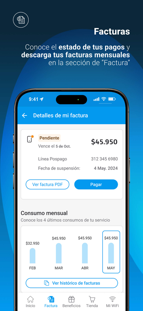 Una pantalla de teléfono móvil que muestra detalles de facturación, opciones de pago e historial de consumo mensual dentro de la aplicación Mi Movistar Colombia.