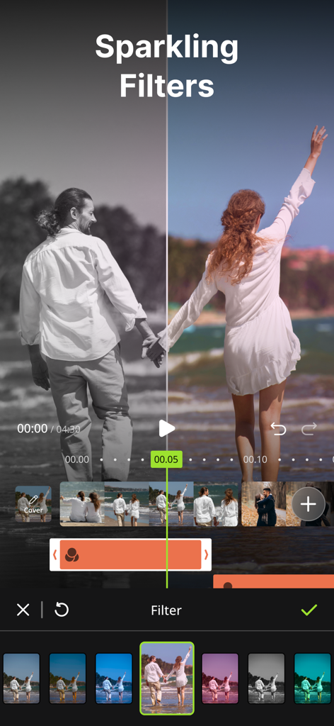 Split screen comparison of sparkling video filters in the BeatMix app interface