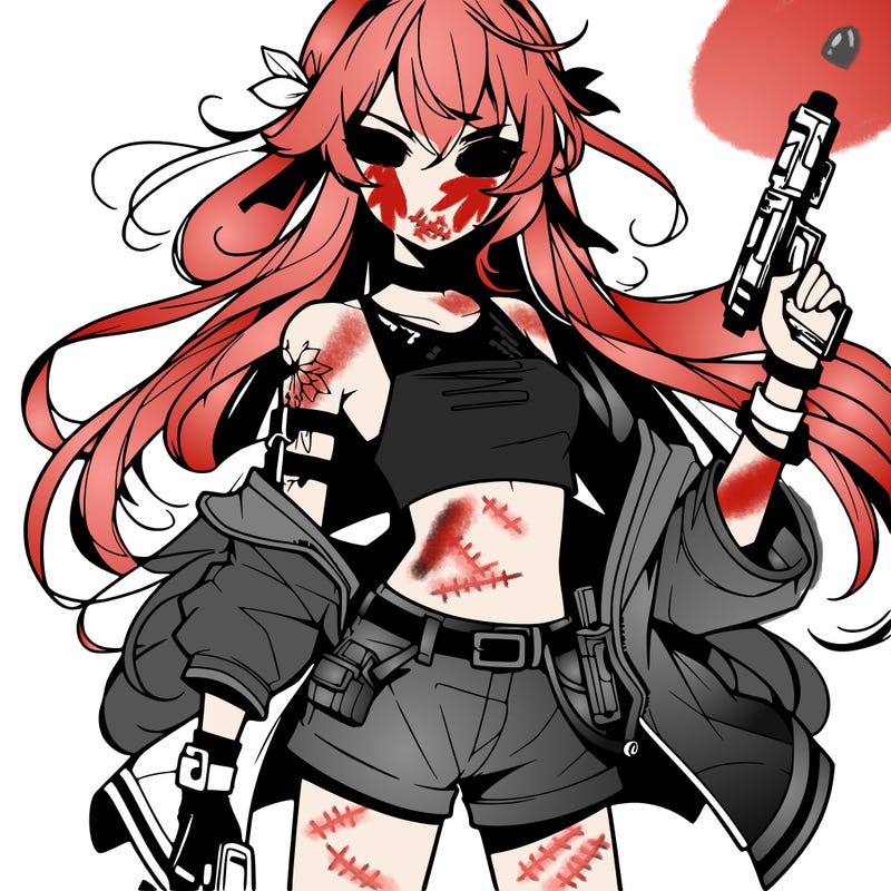 bad girl wearing crop top holding a gun long hair anime