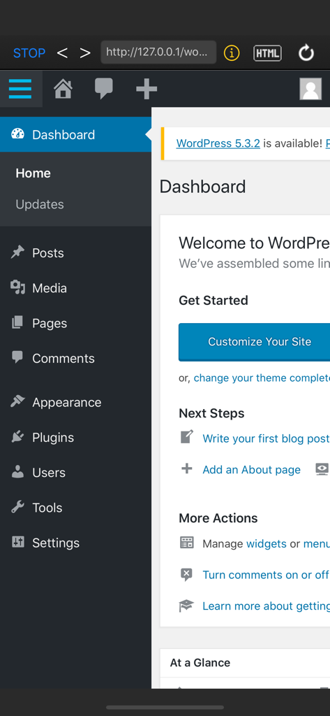 WordPress admin dashboard running locally in the DraftCode PHP IDE app