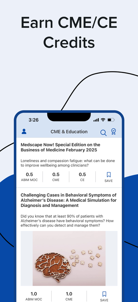 Medscape app screen showing continuing medical education courses for CME and CE credits including behavioral symptoms of Alzheimer's disease.