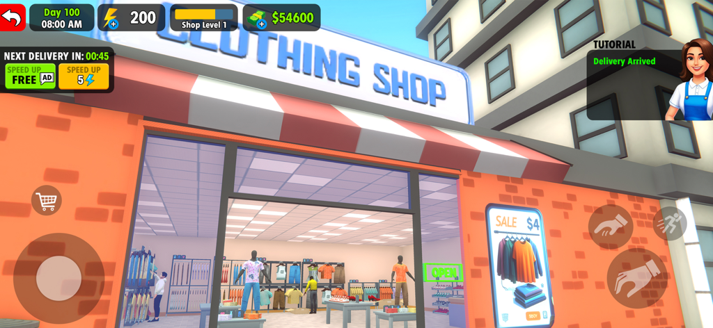 Exterior and interior view of the clothing shop management mode in Supermarket Simulator Business