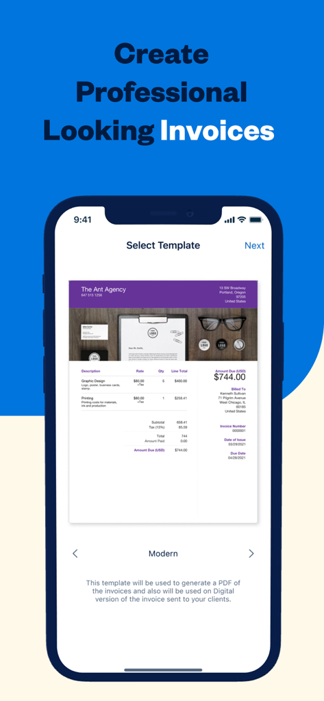 FreshBooks mobile app screen showing a professional invoice template for a small business