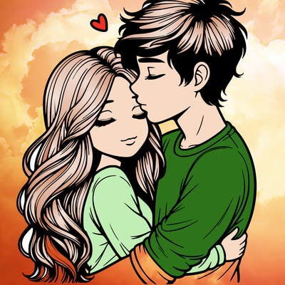 a realistic couple boy and girl hugging and kissing