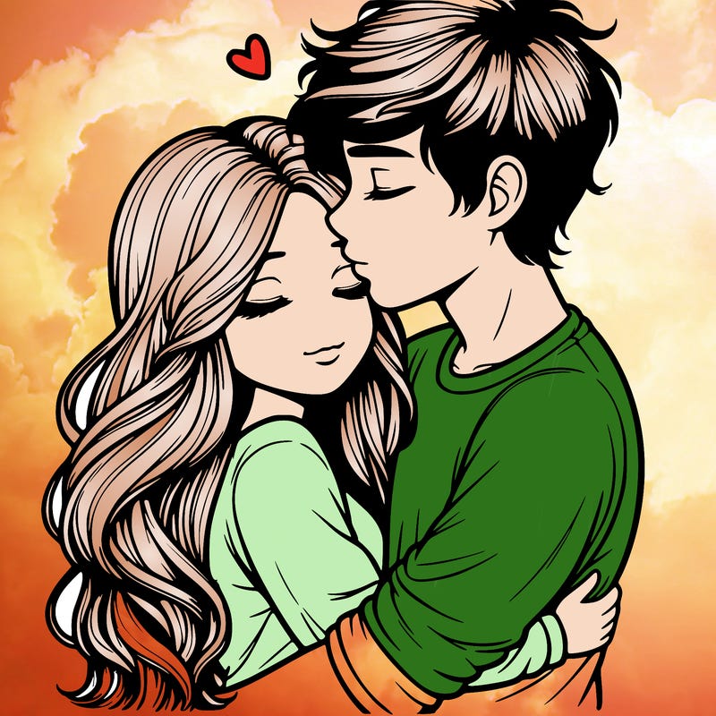 a realistic couple boy and girl hugging and kissing