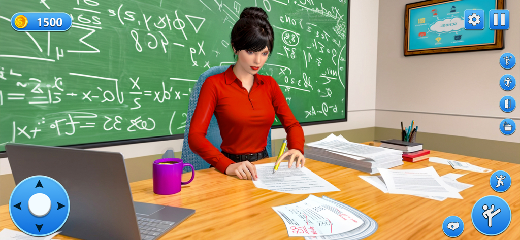 High School Teacher Life Sim - A female teacher character sits at her desk grading papers in front of a green chalkboard in a high school simulation game