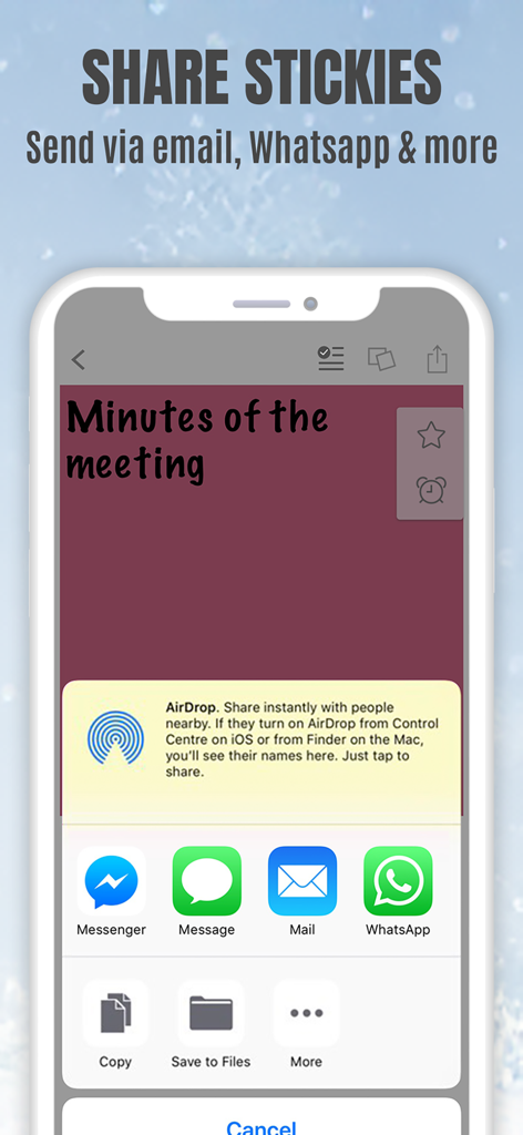 Sticky Notes App Remind Widget - StickMe Notes app interface on an iPhone showing sharing options for a sticky note via email and messaging apps