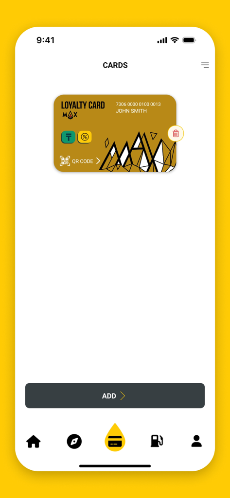 Bildschirm zur Verwaltung digitaler Treuekarten in der MaxOil App mit einer Mitgliedskarte mit QR-Code-Zugriff