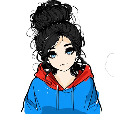 realistic girl with a massy bun and a hoodie