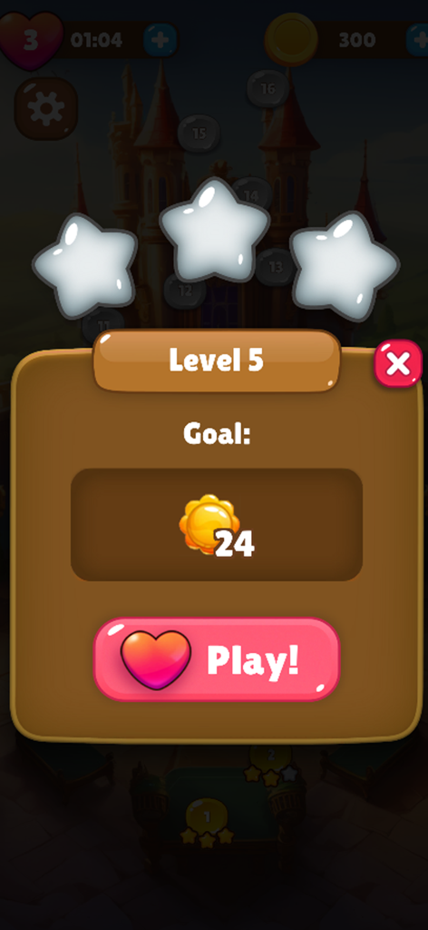 Castle Match: Royal Puzzle - Level 5 start popup in Castle Match showing a goal of twenty four sun icons and a pink play button