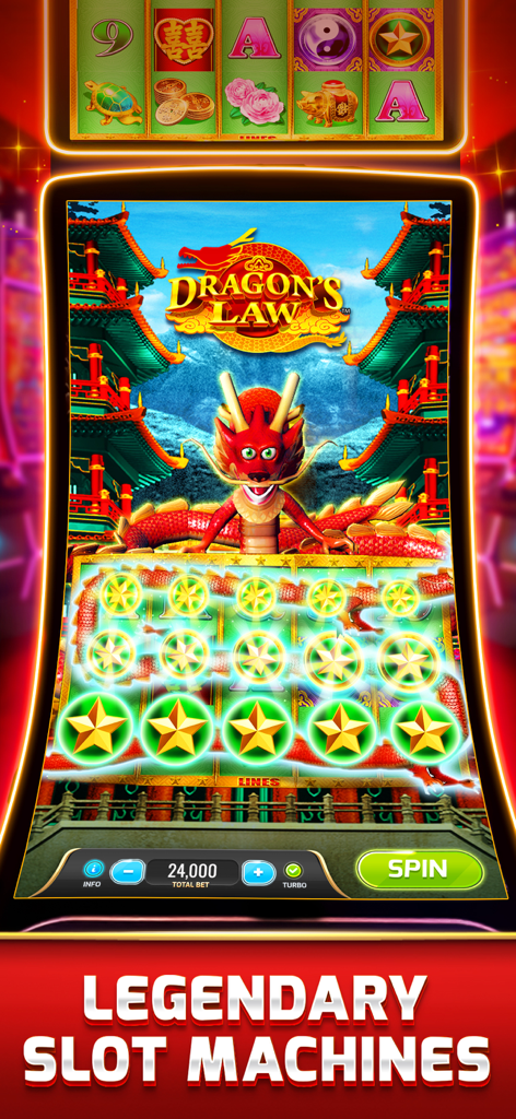 myKONAMI® Slots - Dragons Law slot machine featuring a red dragon and gold star symbols