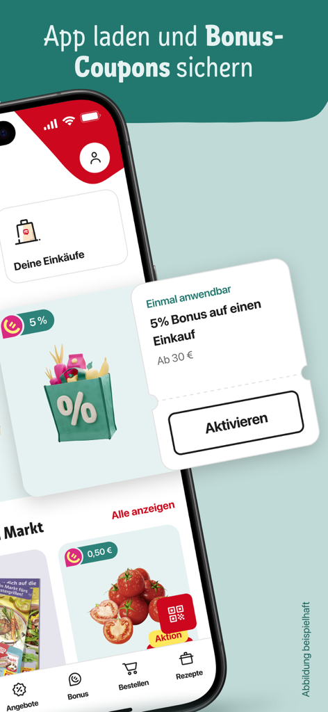Smartphone displaying REWE app interface with digital bonus coupons and grocery deals