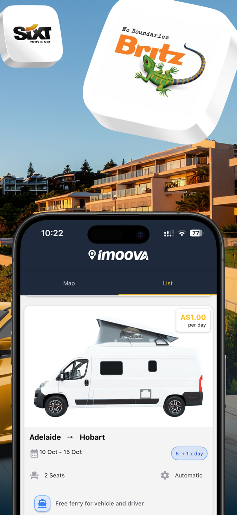 Imoova - Tela do aplicativo Imoova mostrando um aluguel de relocação de campervan de um dólar por dia de Adelaide para Hobart