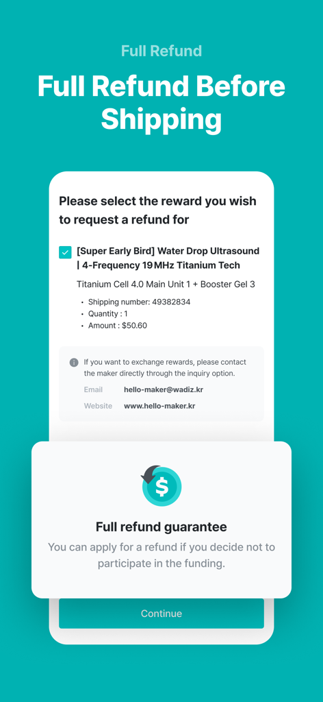 Wadiz app screen showing the full refund guarantee before shipping for crowdfunding projects.