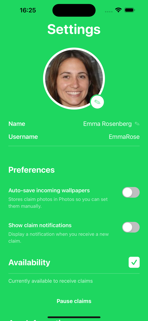 WallClaimer app settings screen showing profile details for Emma Rose and preference toggles for notifications and wallpaper auto-save.