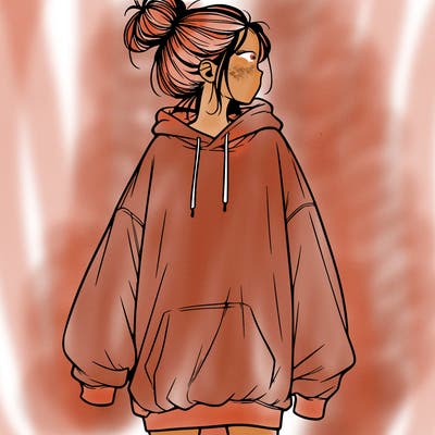 realistic girl with a oversized sweatshirt on and a bun