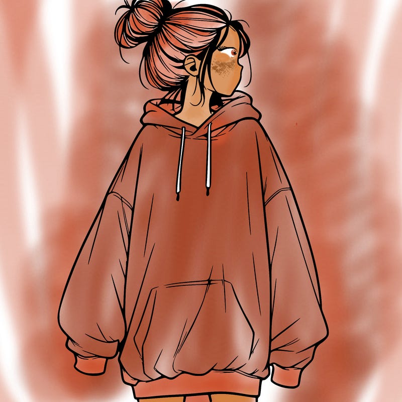 realistic girl with a oversized sweatshirt on and a bun