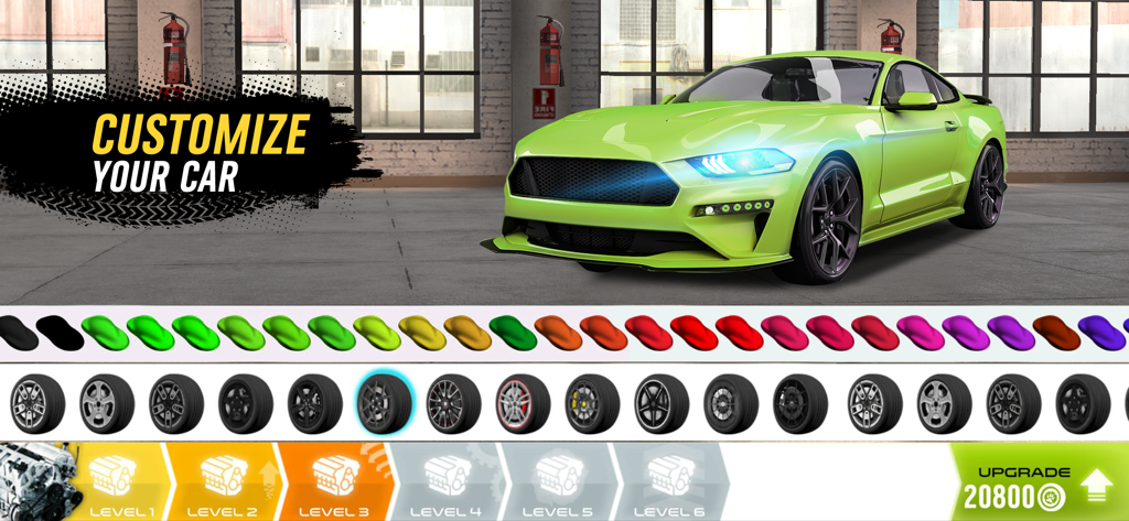 Racing Go: Speed Thrills - Car customization menu in Racing Go showing a green sports car with various paint and rim options in a garage