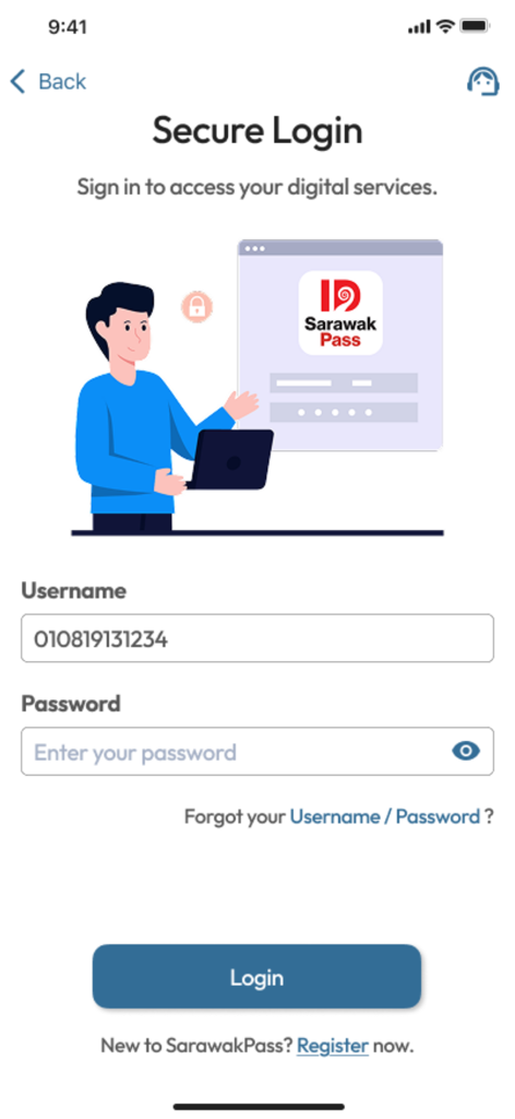 SarawakPass - SarawakPass secure login screen for digital government services