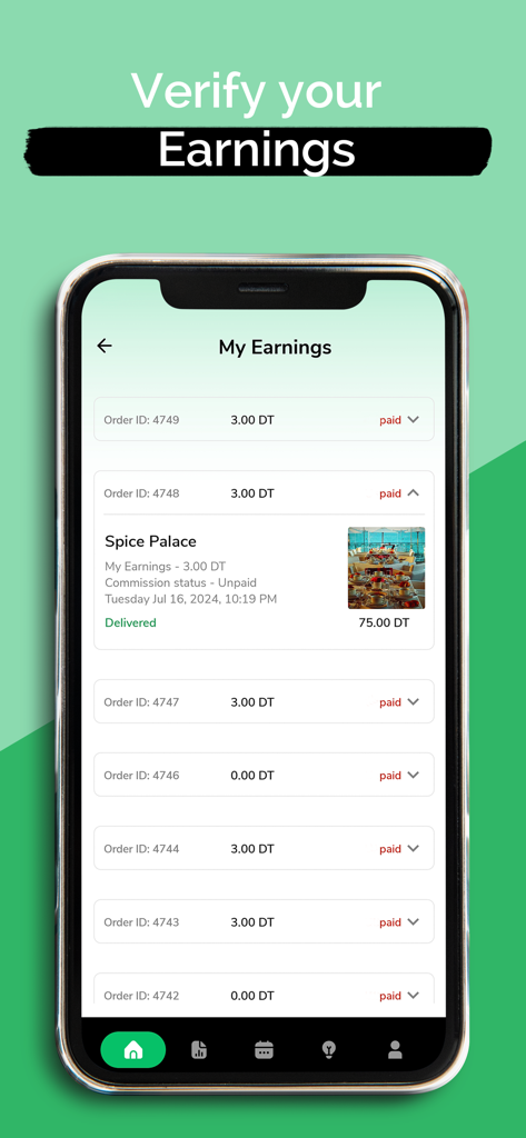 Mobile app screen showing the My Earnings dashboard for Sparow Couriers with a list of paid delivery orders.