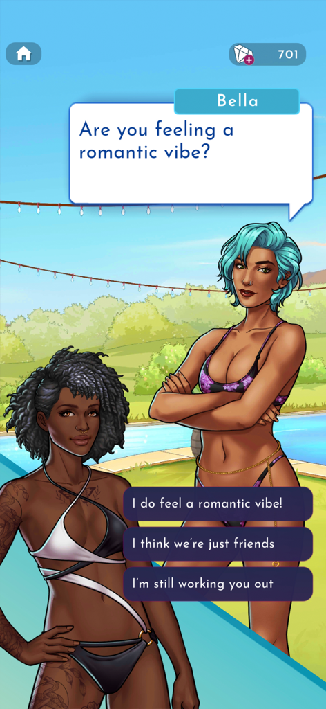 Dialogue options between two characters in the Love Villa interactive romance game
