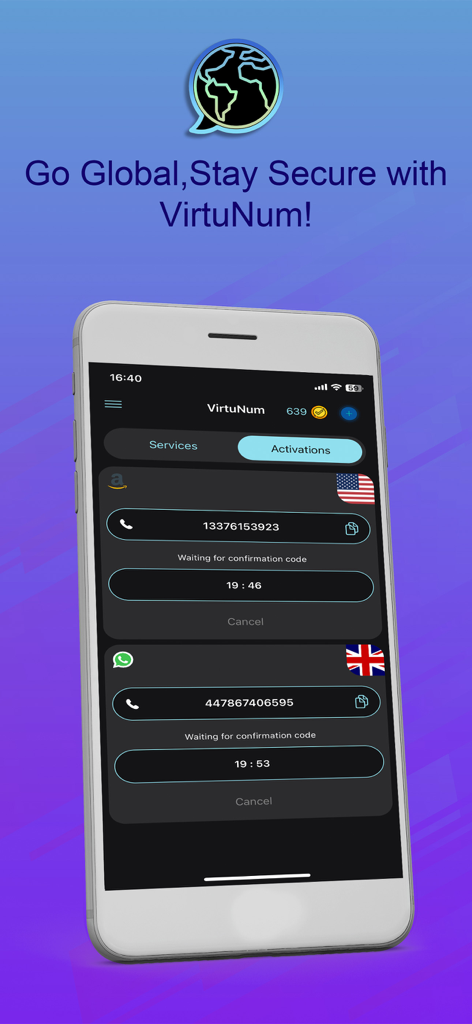 Aplicación VirtuNum mostrando números de teléfono virtuales para activaciones de SMS de Amazon y WhatsApp