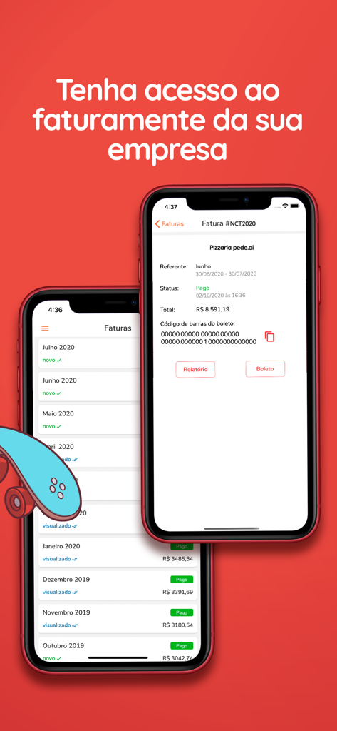 Mobile App-Oberfläche, die den Rechnungsverlauf des Restaurants und den detaillierten Zahlungsstatus der Rechnung anzeigt