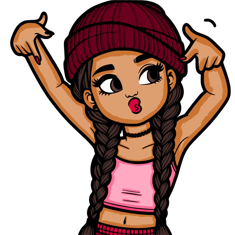 realistic teenage girl with braids and a beanie and crop top doing 🫶🏼