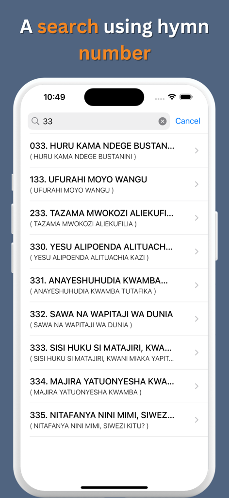Nyimbo Za Wokovu - Searching for Swahili hymns by number in the Nyimbo Za Wokovu app