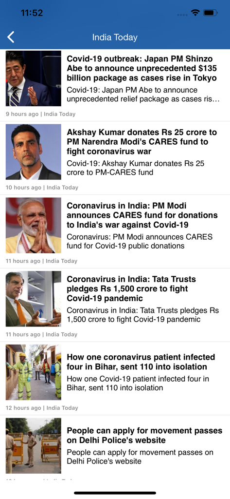 News feed interface of Breaking News India app displaying headlines and summaries from popular sources