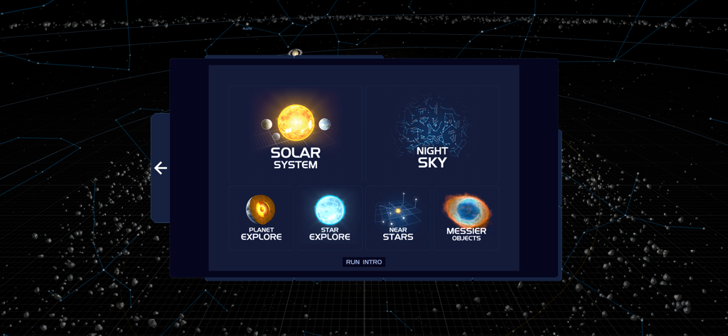 Solar System Scope - Main menu screen of Solar System Scope app showing options for Solar System, Night Sky, Planet Explore, and Star Explore modes