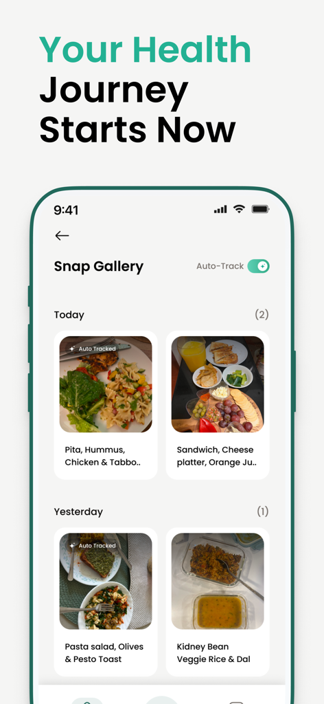 Healthify app Snap Gallery showing auto tracked meal photos including pasta salad and rice