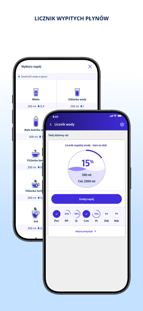 mojeIKP - log in to health - MojeIKP app screens showing a daily water intake tracker with 15 percent progress and a selection menu for different beverages