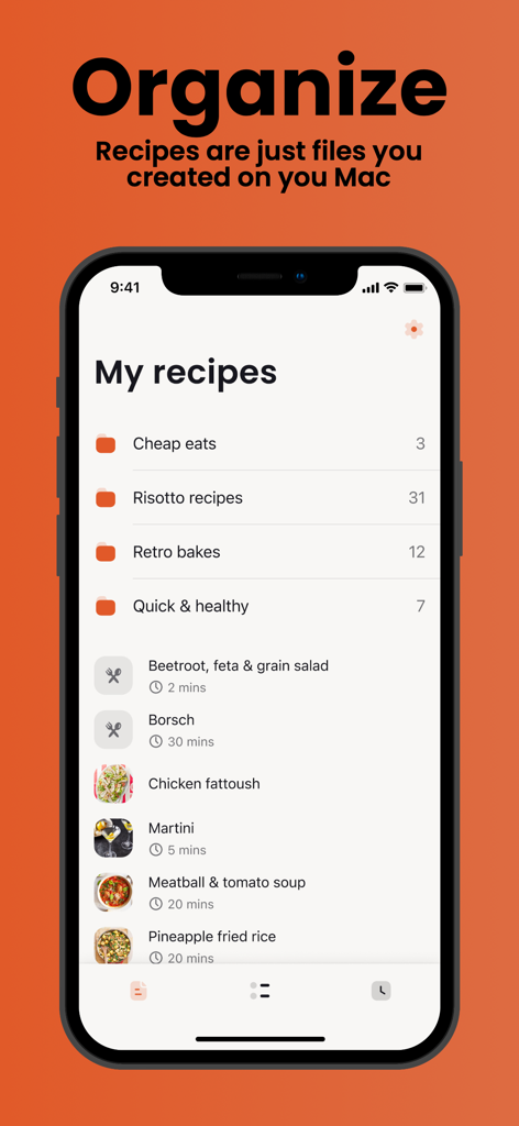 Cook: Cooklang recipe app - Cook recipe app interface showing organized recipe folders and a list of individual dishes with prep times.