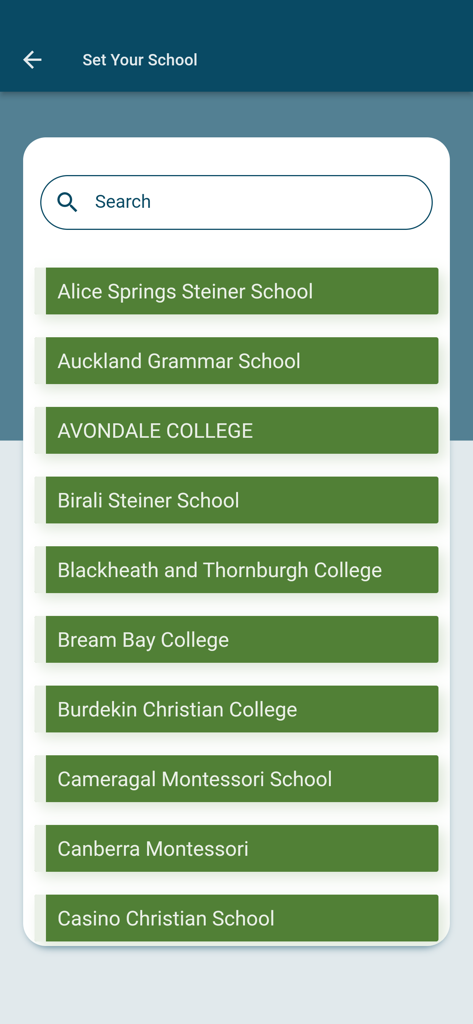 A search interface within the FACTS School App allowing users to select their specific school from a list.