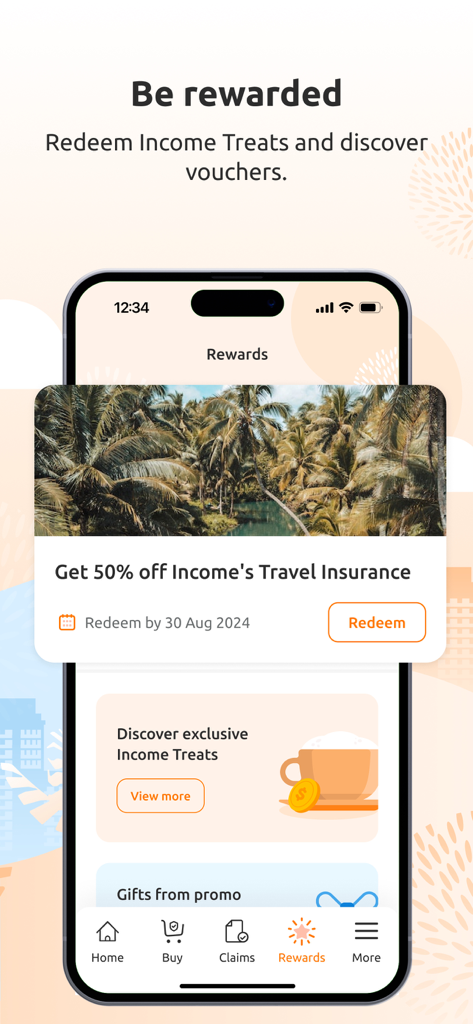 My Income Insurance app screen showing rewards and a 50 percent discount on travel insurance