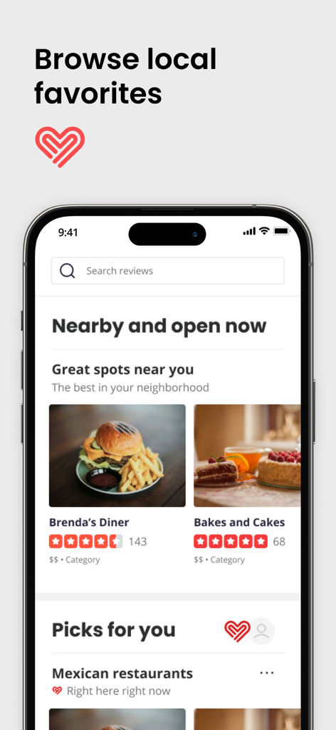 Tela do aplicativo Yelp mostrando recomendações de restaurantes locais com avaliações e comentários