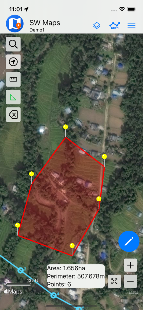SW Maps - A satellite map view in the SW Maps app showing a red polygon with calculated area and perimeter for land surveying.