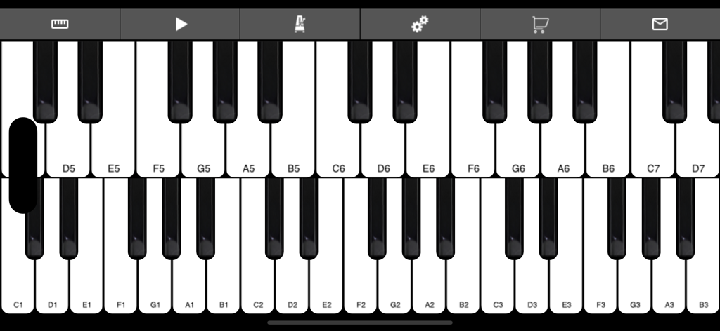 Piano - 2 Keyboard Tiles Play - Oberfläche, die zwei Reihen von Klaviertasten mit Notenbeschriftungen und einer oberen Symbolleiste zeigt.