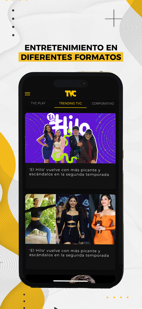 Televicentro TVC app screen showing entertainment news and trending content in Spanish