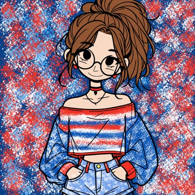 girl with a messy ponytail glasses a baggy crop top and jean shorts