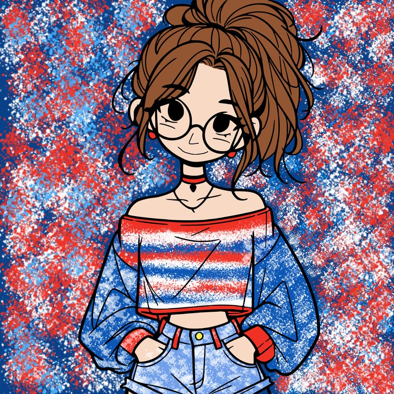 girl with a messy ponytail glasses a baggy crop top and jean shorts